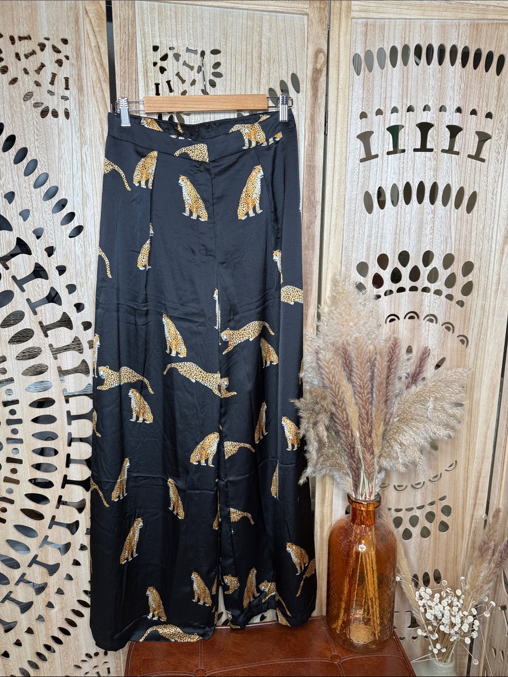 Wide Leg Black Leopard Print Palazzo Pants